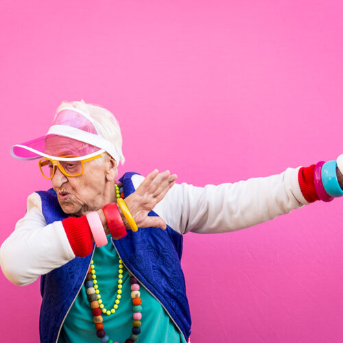 Funny grandmother portraits. 80s style outfit. Dab dance on colored backgrounds. Concept about seniority and old people