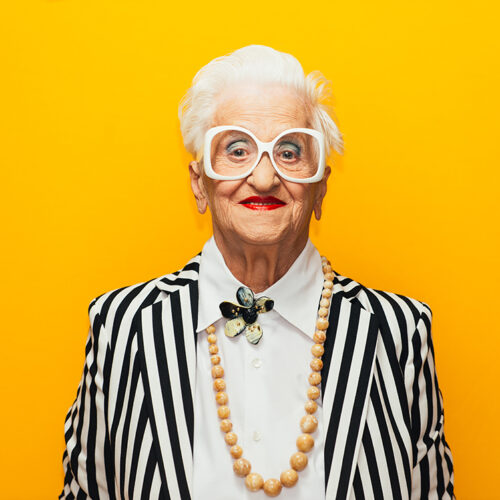 Funny grandmother portraits. Senior old woman dressing elegant for a special event. granny fashion model on colored backgrounds