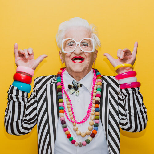 Funny grandmother portraits. Senior old woman dressing elegant for a special event. granny fashion model on colored backgrounds