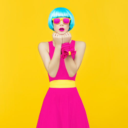 Glamorous lady bright style on yellow background