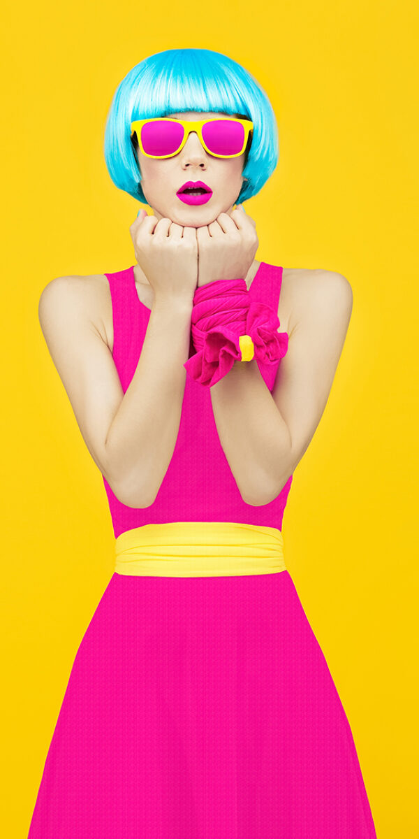 Glamorous lady bright style on yellow background