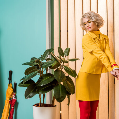 retro styled woman standing at ficus plant in flowerpot at colorful apartment, doll house concept