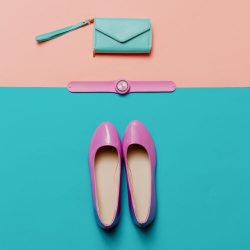 Shoes and accessories. Pink trend. Top view. Be stylish