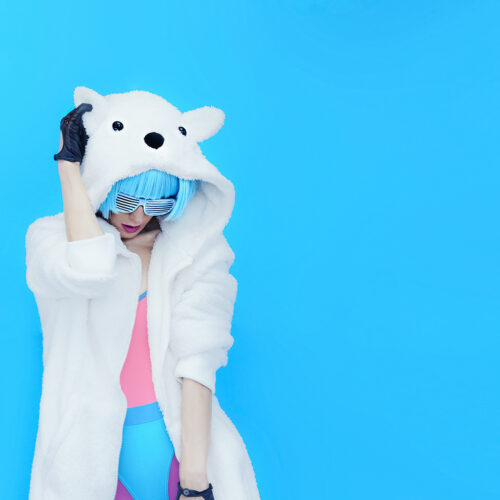 Teddy Bear Girl DJ. Crazy winter party. Club dance style