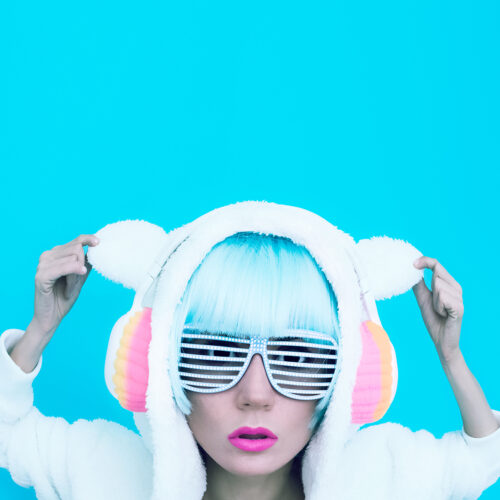 Teddy Bear Girl DJ. Crazy winter party. Club dance style