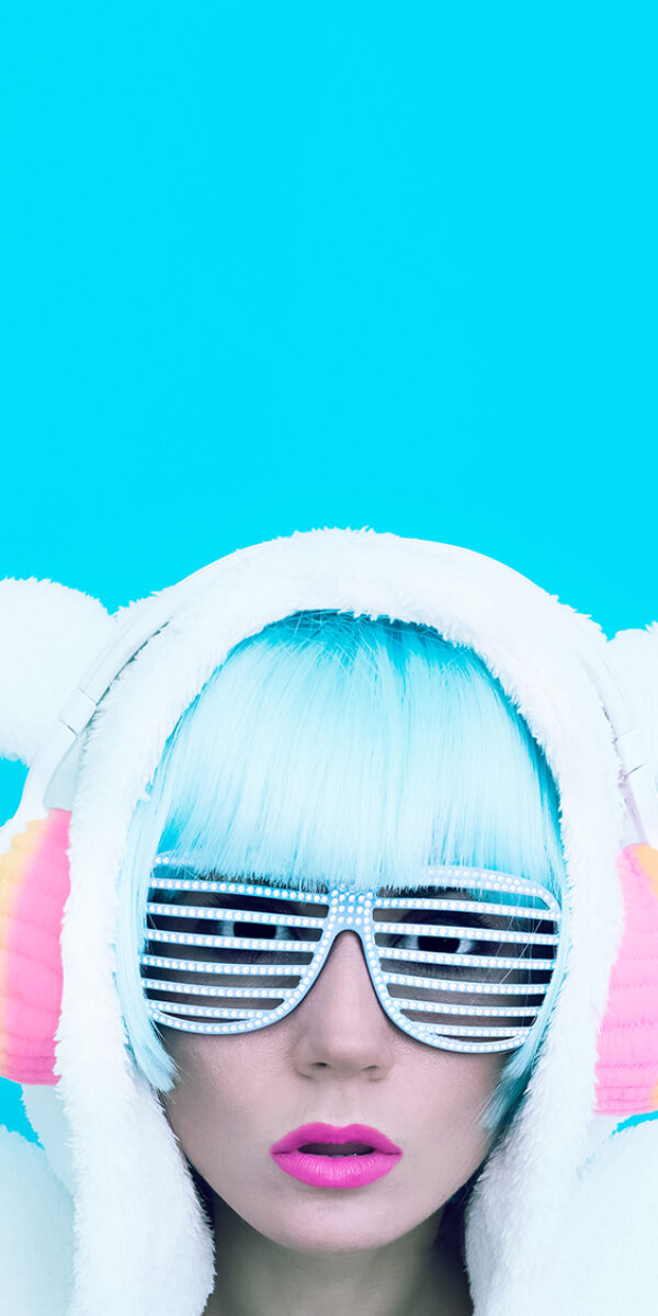 Teddy Bear Girl DJ. Crazy winter party. Club dance style