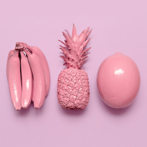 Tropical pink fruit mix. Surreal minimal art